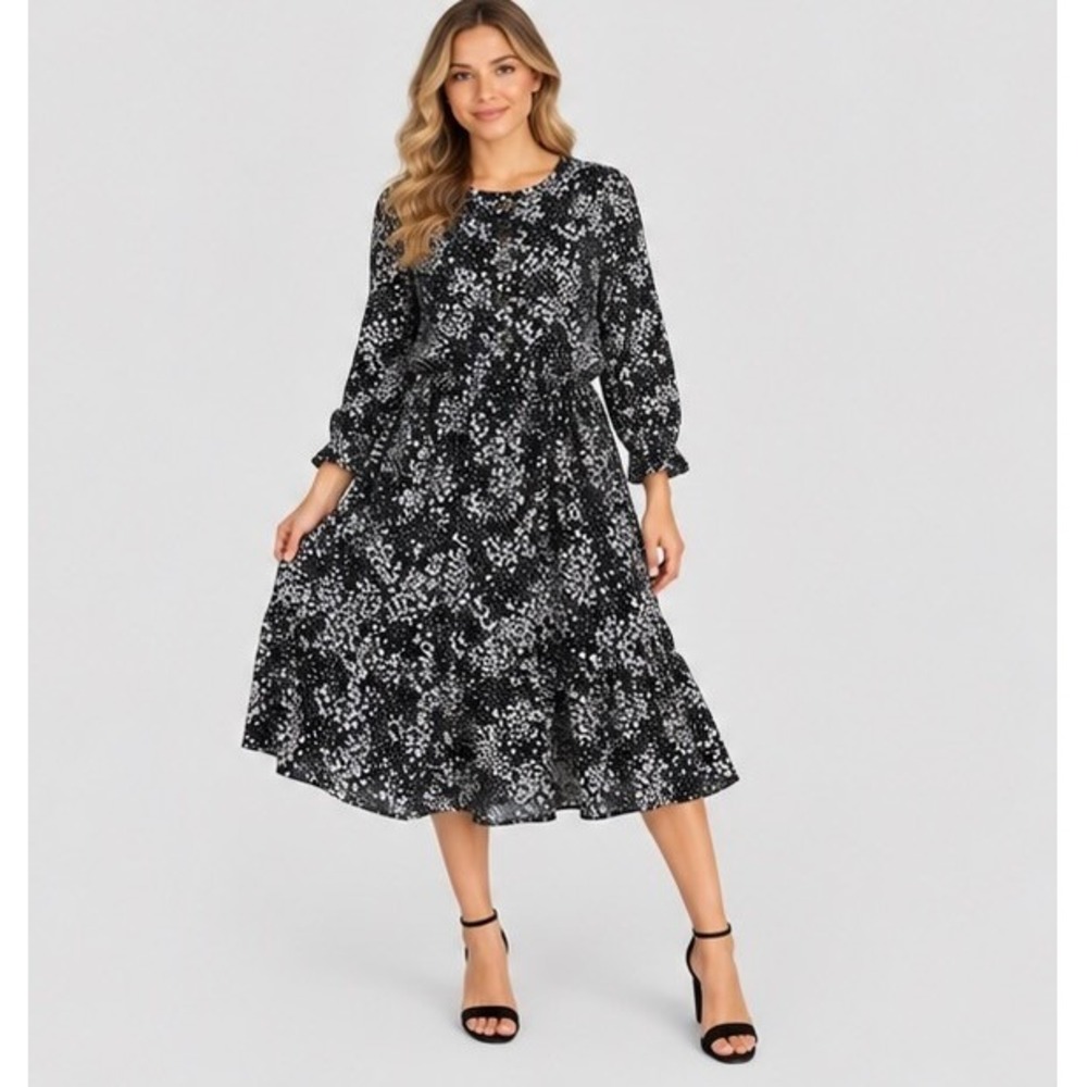 Gap Womens M Black White Floral Long Sleeve Mini Dress Tie Waist Boho Rayon